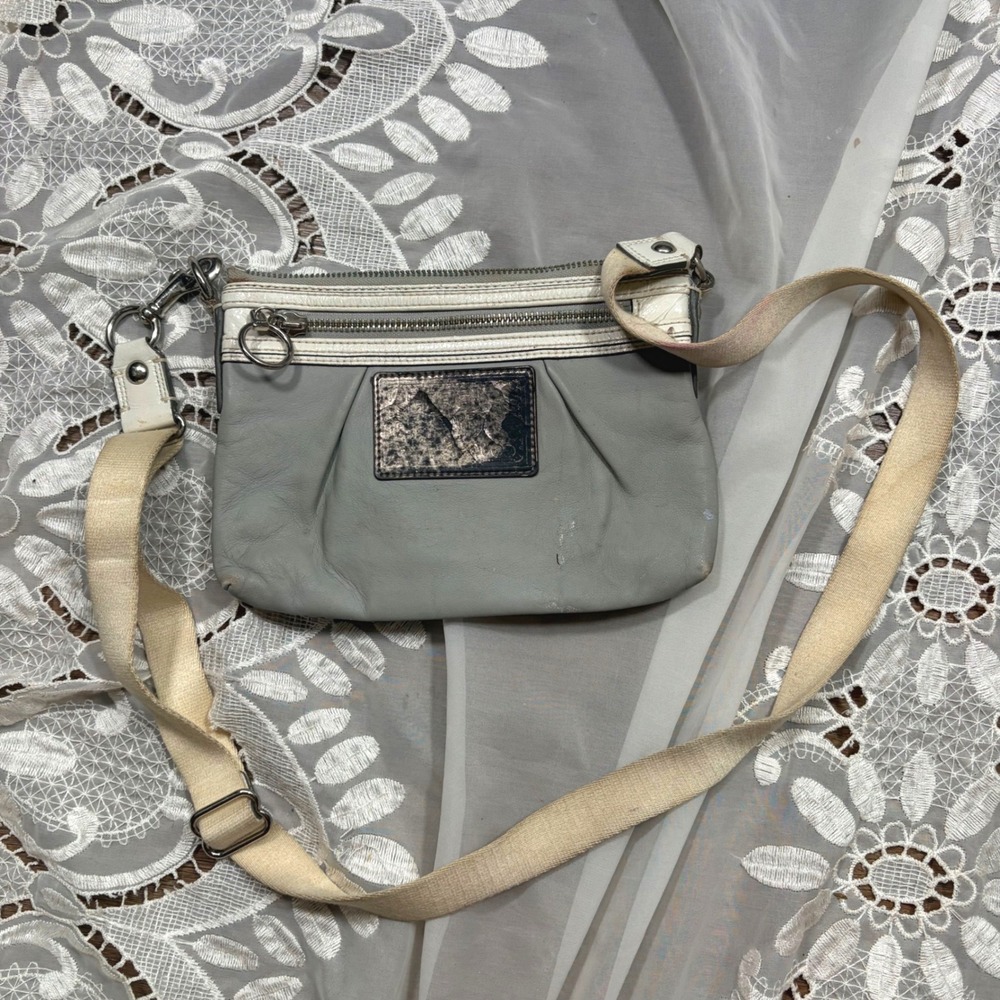 Coach Poppy Gray Leather Crossbody Bag White Trim Leopard Print Lining